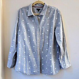 Talbots Cotton sz XL (L) Gray Button Down Shirt Polar Bear Print Boyfriend Cut